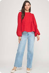 Pintuck Check Textured Puff Sleeve Blouse