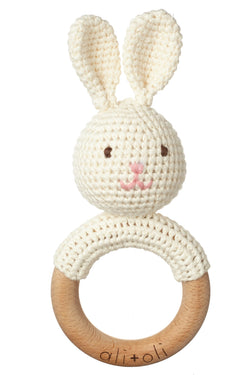 Baby Teething Toy Rattle Wood Ring Crochet (Bunny)