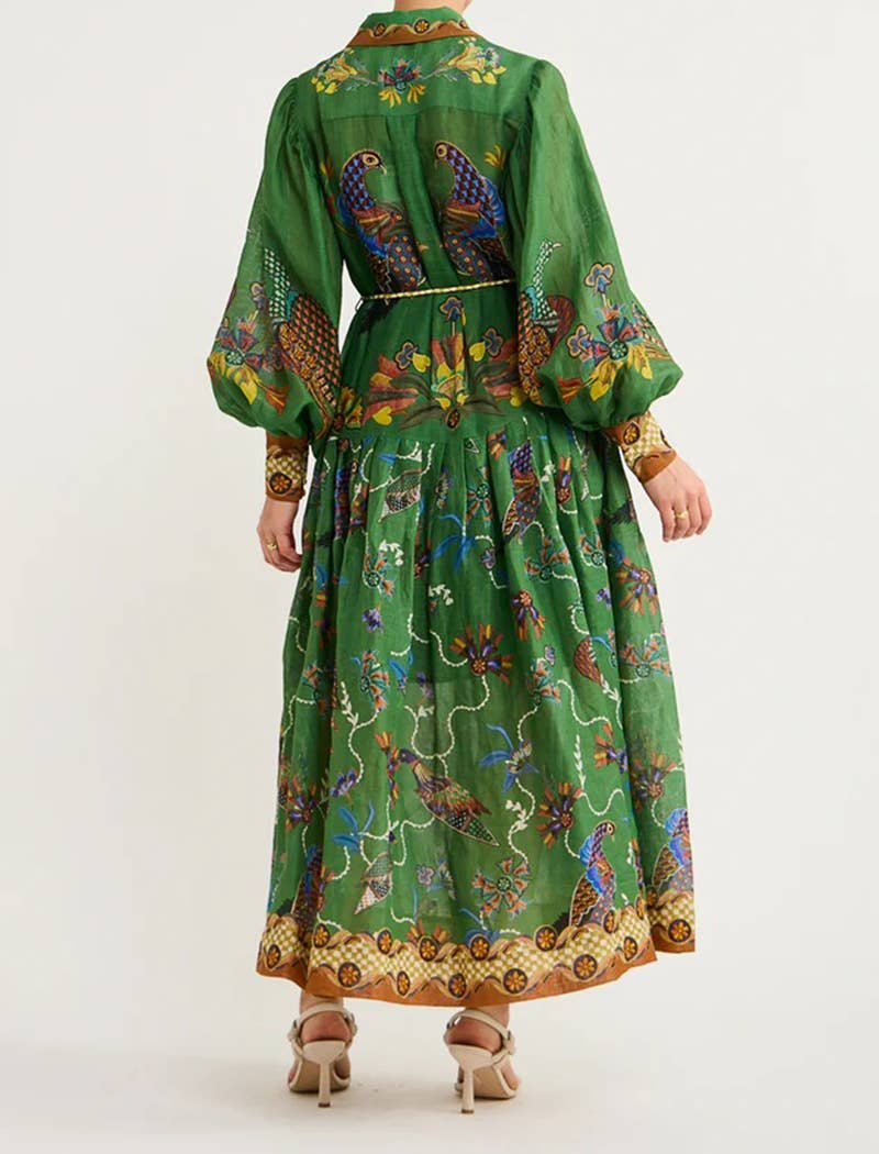 Elegant Peacock Print Maxi Dress