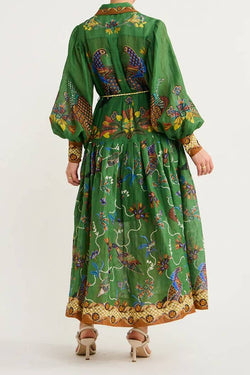 Elegant Peacock Print Maxi Dress