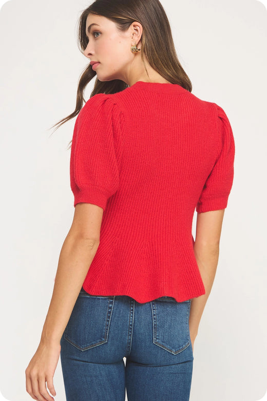 Peplum Puff Sleeve Knit Top