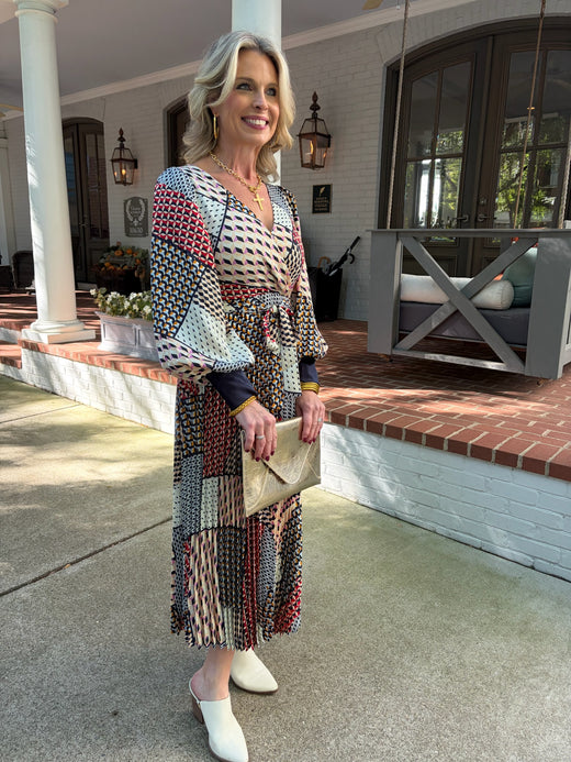 Geometric Pleated Midi Dress
