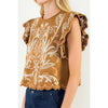 THML, Flutter Sleeve Suede Embroidery Detail Top