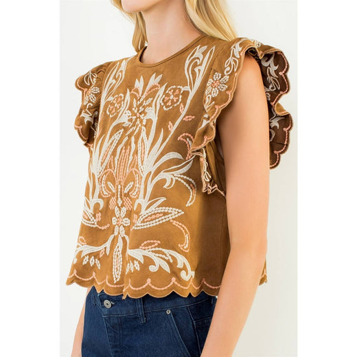 THML, Flutter Sleeve Suede Embroidery Detail Top