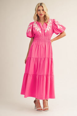 Embroidery Detail Tiered Midi Dress