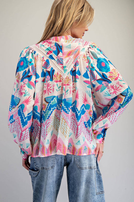Ocean Pleated Button Top