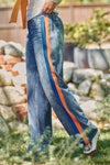 Wide Leg Faux Denim Track Pants With Side Stripes
