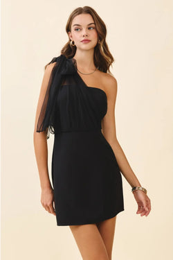 One Shoulder Sheer Chiffon Bow Detail Mini Dress