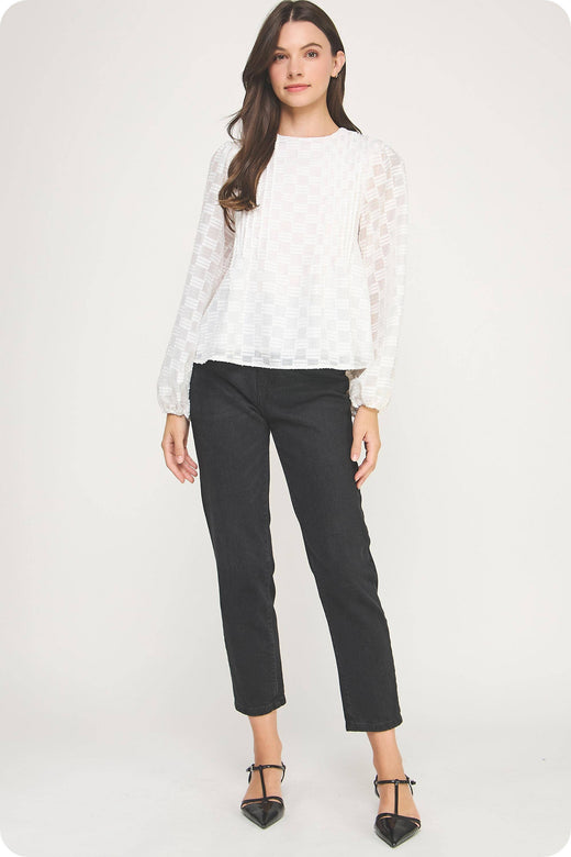 Pintuck Check Textured Puff Sleeve Blouse