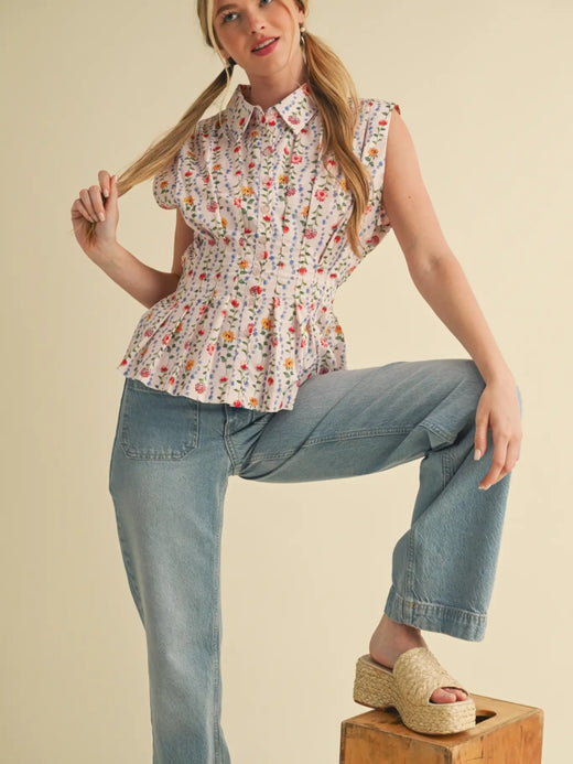 Button Down Pleated Waist Peplum Top