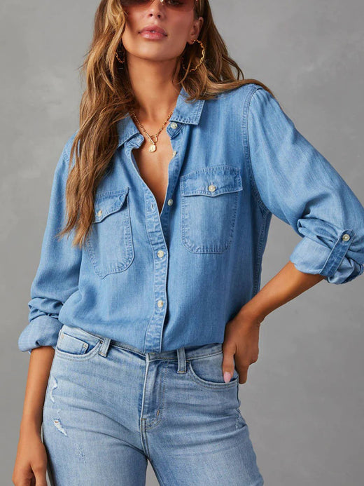 Casual Collar Button Long Sleeved Denim Top