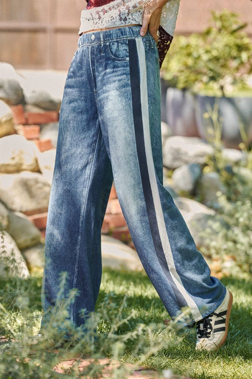 Wide Leg Faux Denim Track Pants With Side Stripes