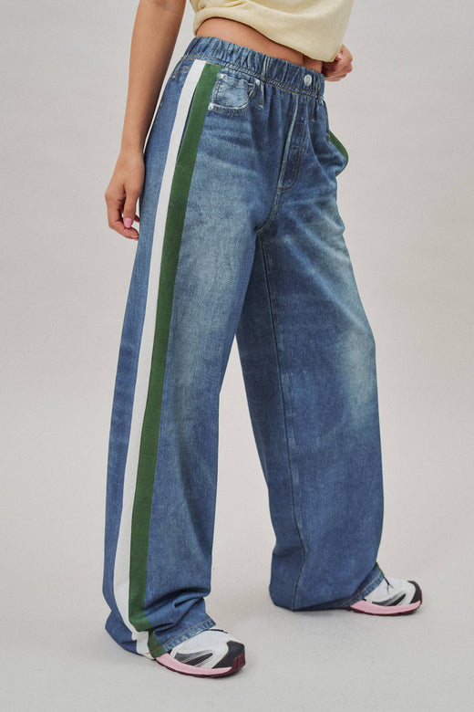 Wide Leg Faux Denim Track Pants With Side Stripes