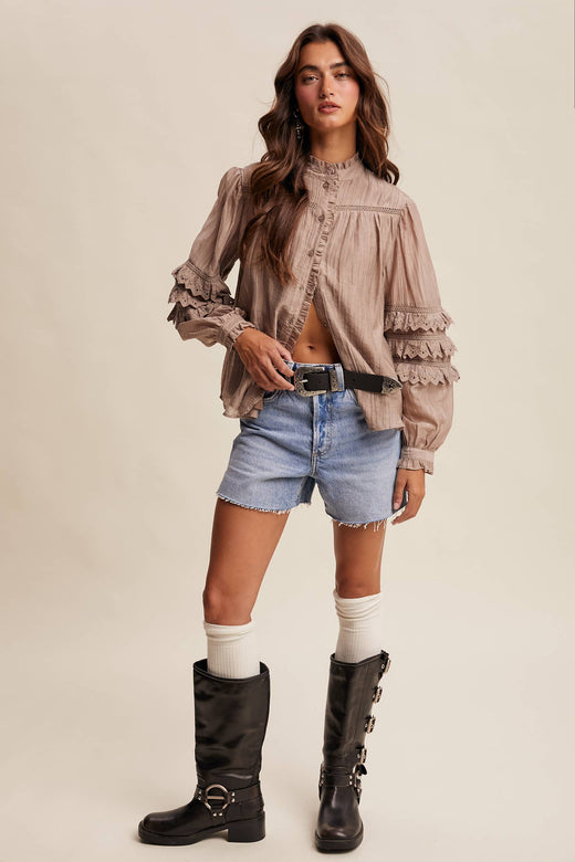 Lace Ruffle Sleeve Pintuck Shirt