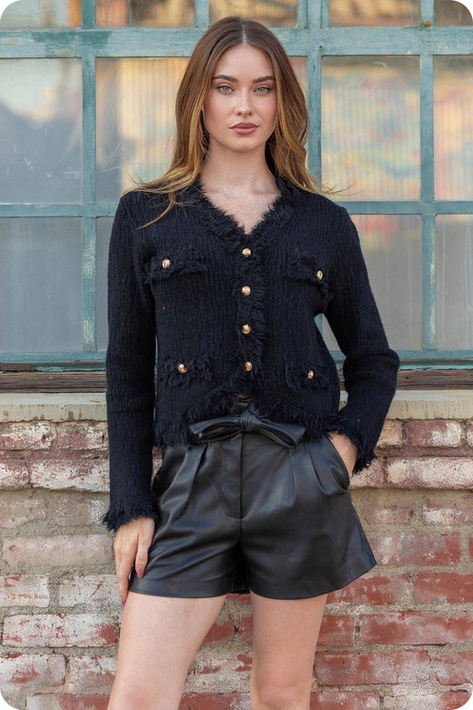 Frayed Trim Textured Cardigan