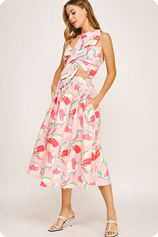 Knotted Flower Bow Floral Midi Dress