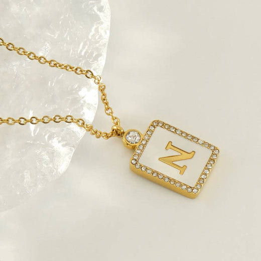 Rhinestone Shell Initial Charm Necklace