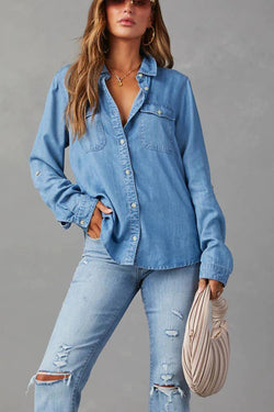 Casual Collar Button Long Sleeved Denim Top