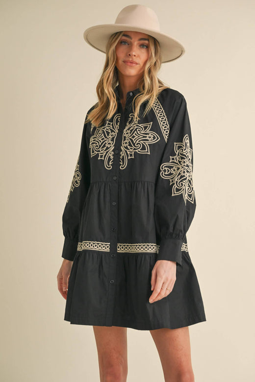 Embroidered Button Mini Dress