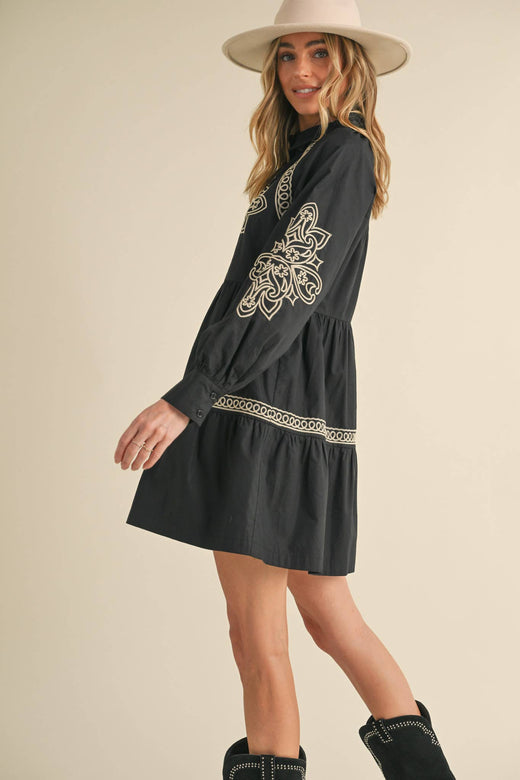 Embroidered Button Mini Dress