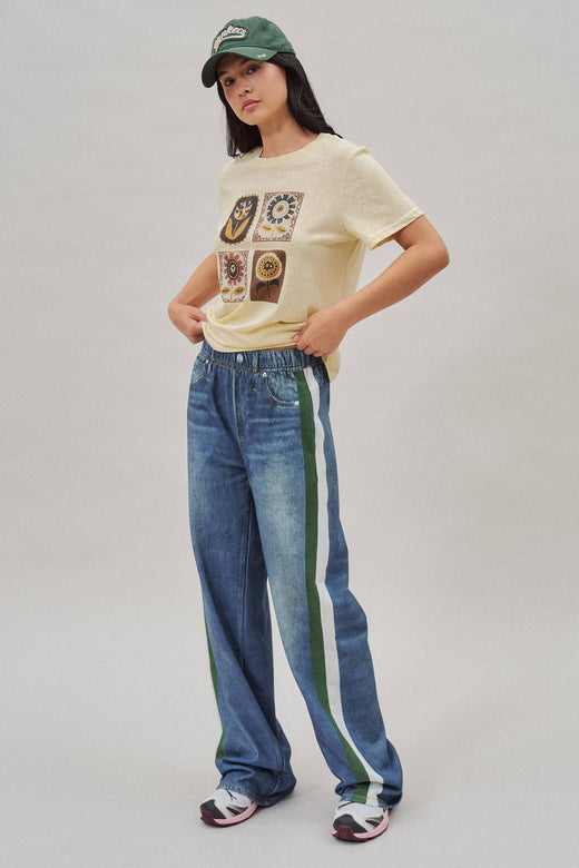 Wide Leg Faux Denim Track Pants With Side Stripes