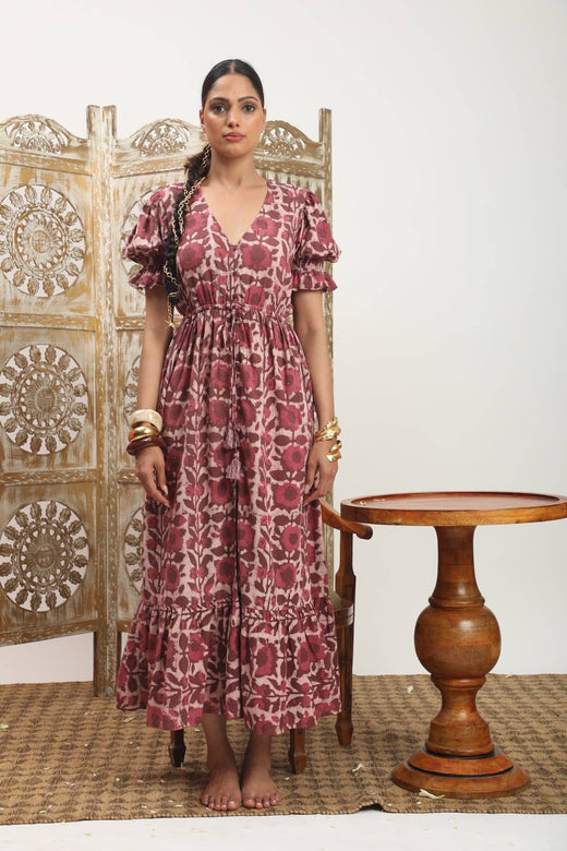 Burgundy Color Block Floral Maxi Dress
