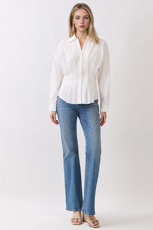 Classic Collar Pleated Button-Down Blouse