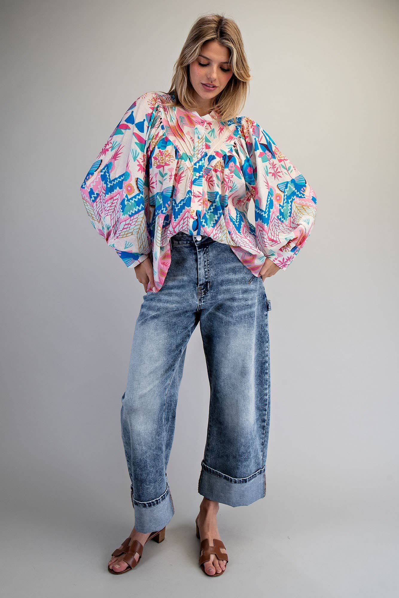 Ocean Pleated Button Top