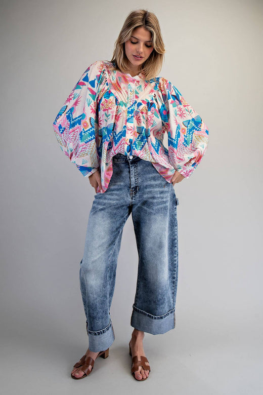Ocean Pleated Button Top