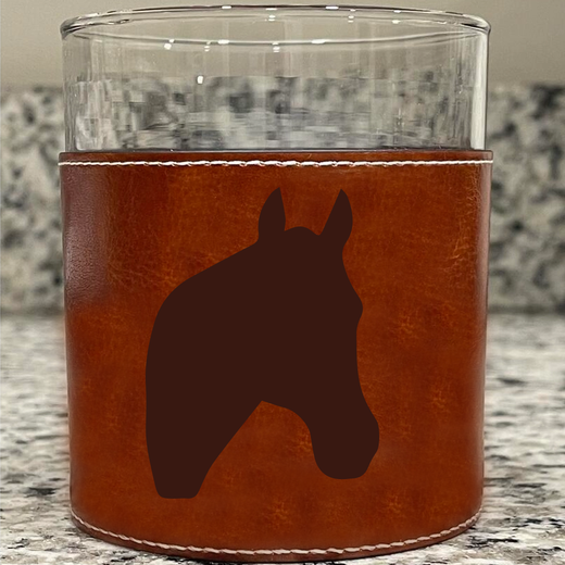 Horse Head Horse Racing Derby Faux Leather Rocks Glass