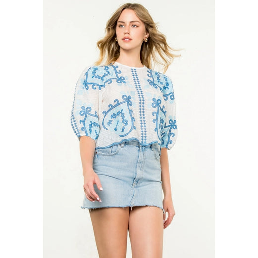 Short Sleeve Embroidered Textured Top