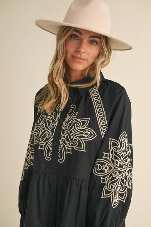 Embroidered Button Mini Dress
