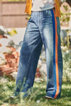 Wide Leg Faux Denim Track Pants With Side Stripes