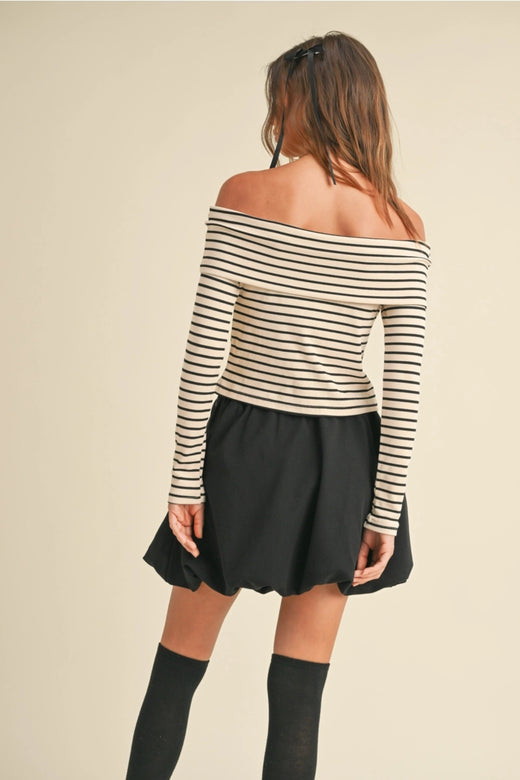 Stripe Pattern Rib Off Shoulder Top