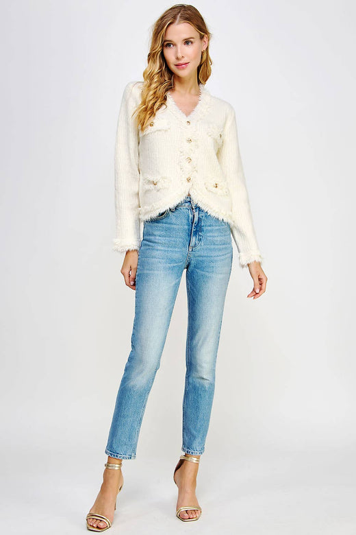 Frayed Trim Textured Cardigan