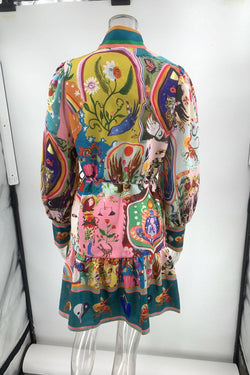 Printed Button Ruffles Dress