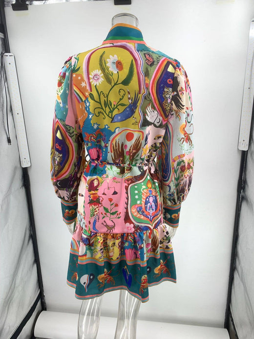 Printed Button Ruffles Dress