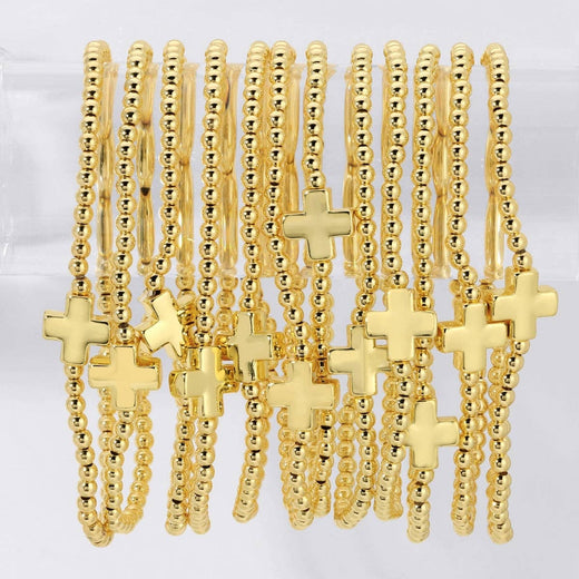 3mm Gold Stretch Bracelet with Single Gold Cross