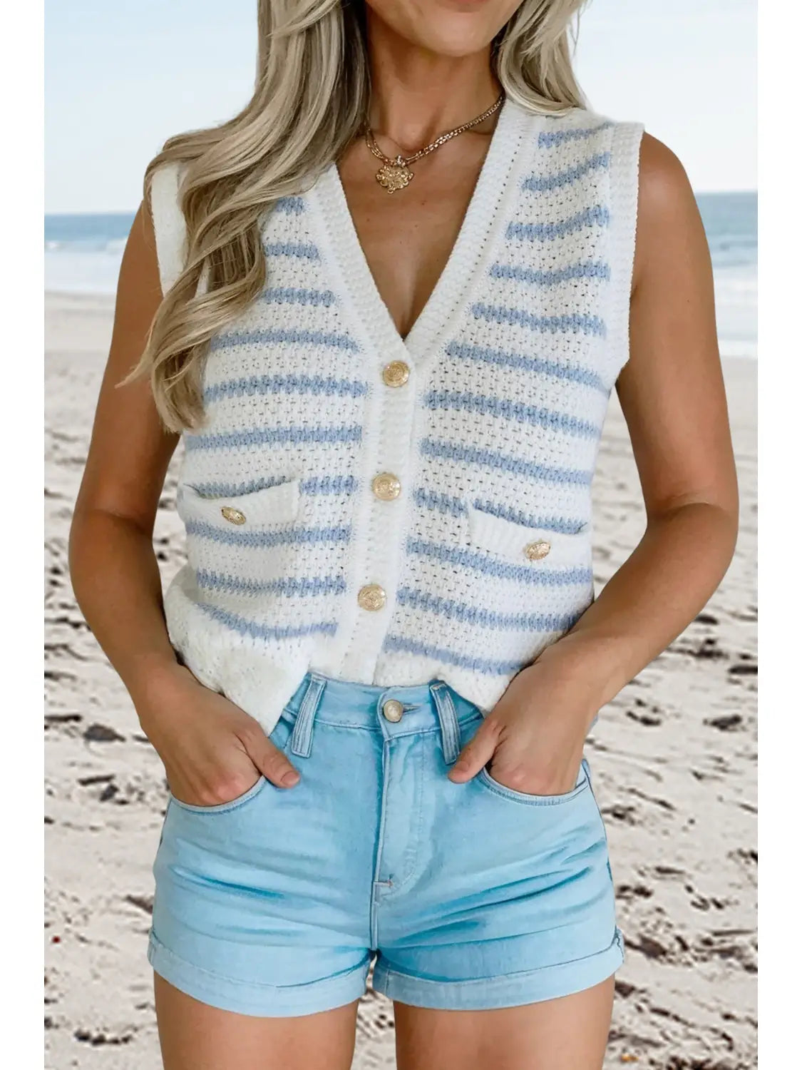 Stripe V Neck Gold Button Sweater Vest