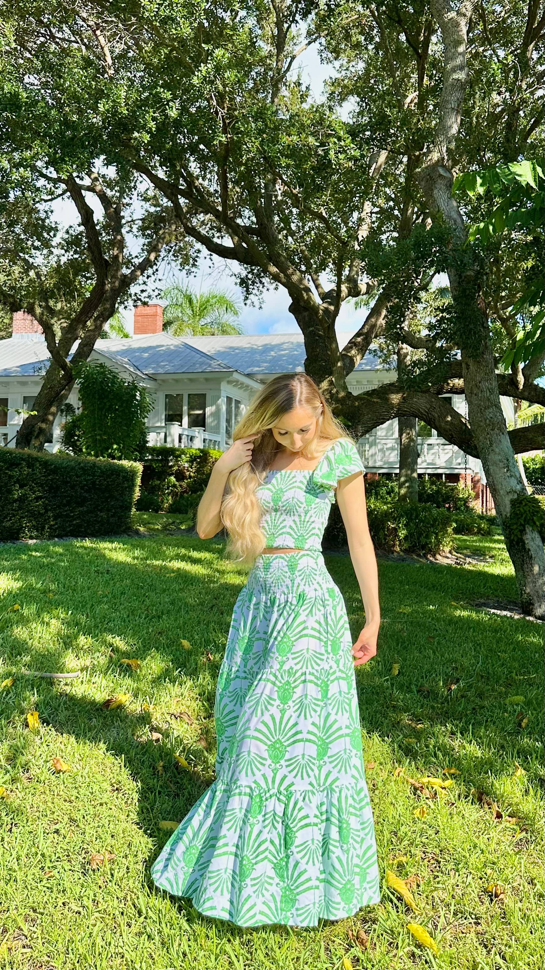 Deco Palm Smocked Sleeve Top