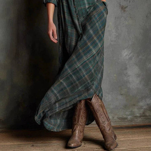 Women Long Sleeve Plaid Shirt Dress