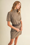 Belted Ribbed Turtleneck Heathered Knit Dress