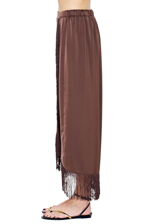 Fringed Satin Wrap Midi Skirt