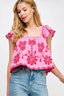 Embroidery Sleeveless Linen Top