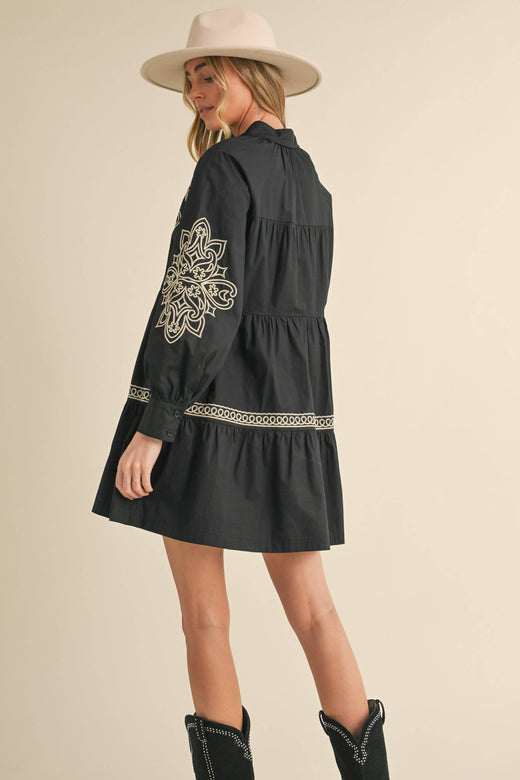 Embroidered Button Mini Dress