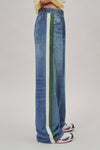 Wide Leg Faux Denim Track Pants With Side Stripes