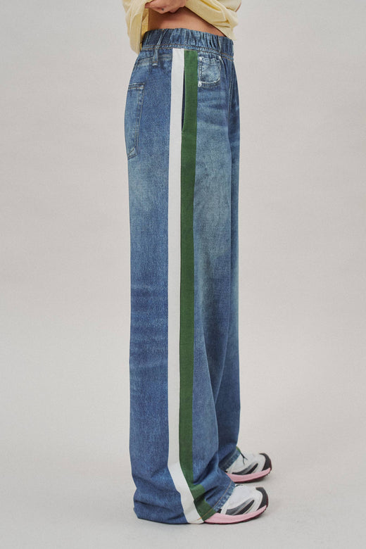 Wide Leg Faux Denim Track Pants With Side Stripes