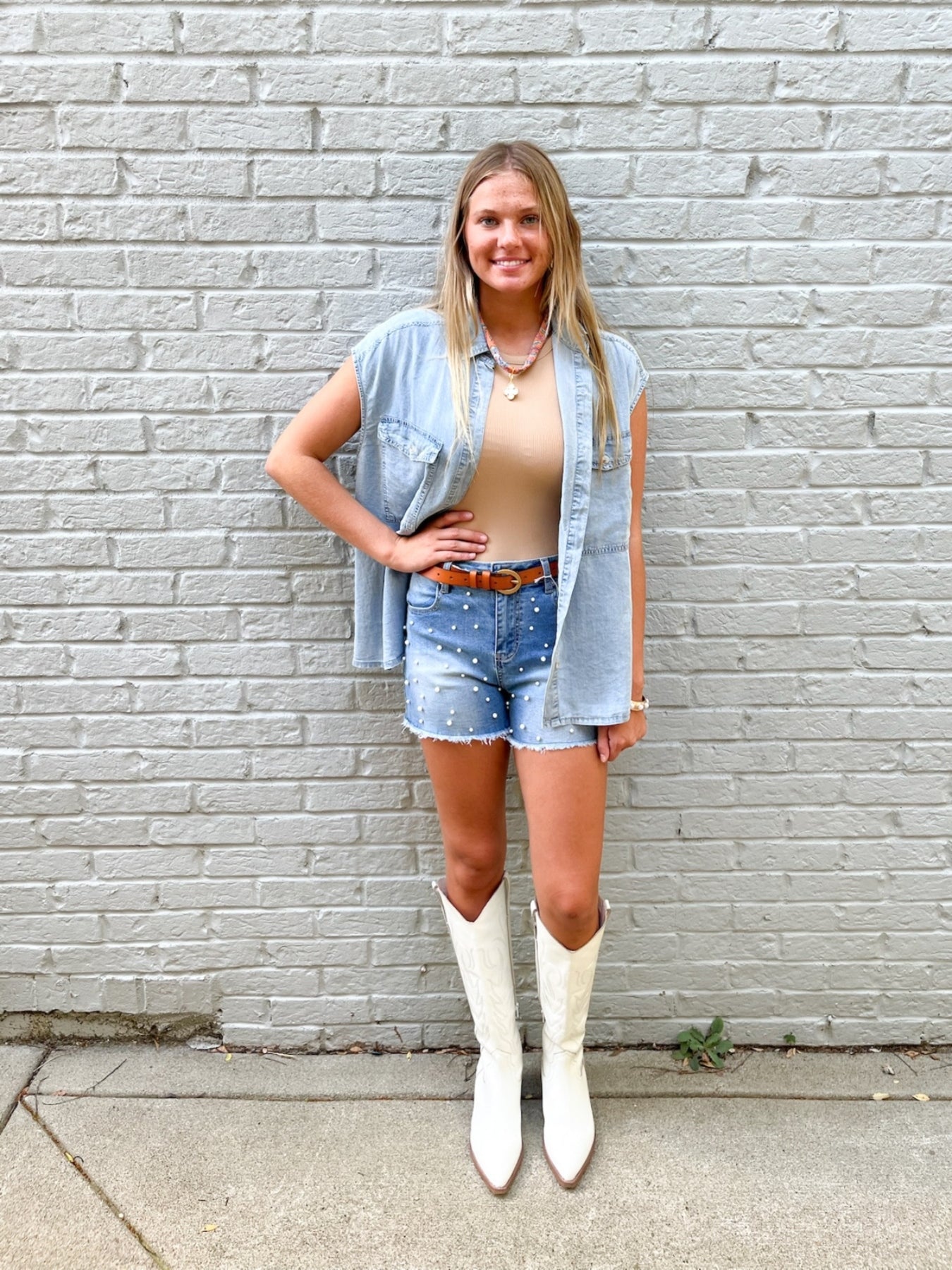 Pearl Beaded Denim Shorts