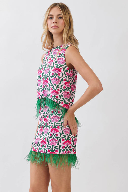 Floral Print Feather Trim Skirt