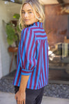 Side Button Puff Sleeve Stripe Top